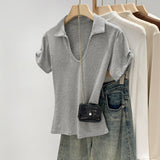 Pink V-Neck Shoulder-Repair Short-Sleeved T-Shirt For Girls Summer 2026 New Collared Little Hottie Top