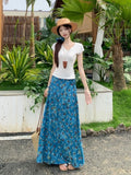 Seaside Vacation Blue Oil Painting Broken Flower Dress Women Summer New Strap High Waist Long A Dress