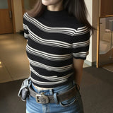 Korean Version Of The Half-High-Necked Striped Knitted Short-Sleeved Woman 2026 Spring And Summer New Burst Bare Waist Short Small Clothes