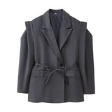 BSK&TRAF Women's Clothing 2025 Autumn New French Fashion Pocket Belt Bandwidth Shoulder Suit Jacket
