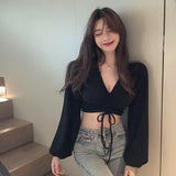 Thai Babes V-Neck Collar T-Shirt Girl High-Waisted Umbilly Jazz Dance Short-Sleeved Top