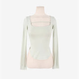Spring And Summer New Temperament Slim Square Hollow Design Feeling Han Linen Long Sleeves And Bottom Shirt T-Shirt Woman