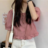 2025 Lotus Leaf Side Short-Sleeved Shirt Women High Waist Can Be Sweet Bubble Sleeve Fresh Leaf Side Shirt