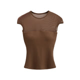 Temperament Sexy Mesh Splicing Round Neck Short-Sleeved T-Shirt Girl Summer Hottie Waist Slimming On The Bottom