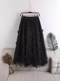 Spring 2025 New High-Rise Thin Double-Layer Mesh Shaft A-Shaped Skirt Three-Dimensional Embroidery Flower Mid-Long Skirt