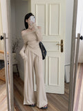 Sensing Temperament Set Decoration Body Slim Shoulder Long Sleeve Top Lady Autumn Broad Leg Pants Two Sets