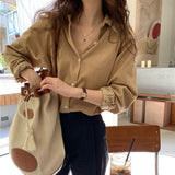 Design A Sense Of Small Retro Hong Kong Flavor Solid Color Buff Long Sleeve Polo Collar Folded Over The Outer Fur Shirt Top Woman