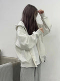 Vintage White Gray Hooded Jacket Women Spring And Autumn Oversize Thin Coat Loose Lazy Shirt Top