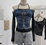 Real Shooting Hottie Fake Two Cowboy Hanging Neck Splicing Mesh Yarn One-Word Shoulder Strapped Dress Short T-Shirt 8935