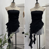 Holiday Lace Tranches Irregular Lotus Side Ribbon Wrapped Breast Wrinkle Vest Sleeveless Top 8076