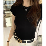Grey Shoulder Short T-Shirt Girl 2025 New Slimming Summer Short-Sleeved Hottie Knitted Top