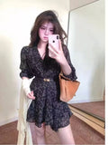 French Temperament V-Neck Broken Floral Dress Women Autumn 2025 New High-End Small Man To Collect The Waist Thin Short Skirt