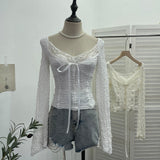 Real Shooting Merard Wind Strapted Bow Splicing Lace Pure Desire Blouse Folding Body Short Blouse 6015