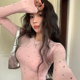 Vintage Niche Design With Hot Diamond Long-Sleeved T-Shirt Girl Autumn Slimming Hot Girl Unique Round Collar Top