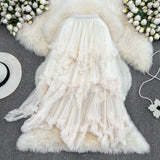 Sweet And Irregular Mesh Dress 2025 New High-Waist Long A-Word Pon Pomong Fairy Cake Skirt Half-Dressed Woman