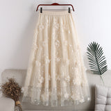 Spring 2025 New High-Rise Thin Double-Layer Mesh Shaft A-Shaped Skirt Three-Dimensional Embroidery Flower Mid-Long Skirt