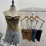Real-Hand Washing Denim With Bow Strap Sling Vest Irregular Hairy Short Sleeveless Topsuit 8918