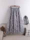 Spring 2025 New High-Rise Thin Double-Layer Mesh Shaft A-Shaped Skirt Three-Dimensional Embroidery Flower Mid-Long Skirt