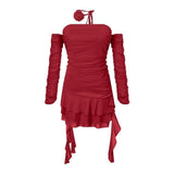 Red Long-Sleeved Dress Spring Pure Hot Girl Word Collar Folded Ass Ass Short Skirt
