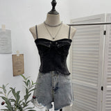 Real-Hand Washing Denim With Bow Strap Sling Vest Irregular Hairy Short Sleeveless Topsuit 8918