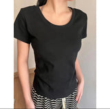 Positive Shoulder Short-Sleeved U-Neck T-Shirt Women's Summer 2025 New Pure Cotton Low Round Collar Basic Explosive Top