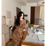 Hong Kong Style Retro Pink Broken Flower Net Yarn Print Dress + Inside The Sling Skirt Women's Spring And Autumn Two Sets