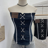 Vintage Sexy Water Wash Denim Pocket Spliced Lace Bra Design Without Strap Vest 2753