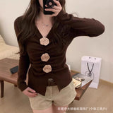 Three-Dimensional Rose Knit Shirt Women's Early Autumn New Top High-End Feel Jacket Design Small Sweater Long Sleeve