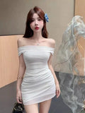 White Pure Desire A Word Out Shoulder Bag Hip Sling Dress Women's Summer 2026 New Sexy Body Repair Short Skirt