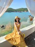 Sanya Temperament Yellow Fainted And Defection Flower Dress Yunnan Dopamine Out Of A Dress Seaside Resort Beach Dress