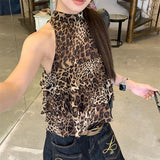 2025 Hot Babes Wind Leopard Print Hanging Neck Sling Women Wear Multiple Layers Of Lotus Edges Slimming Tops In Summer
