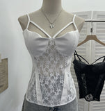 Spiced Lace Pu Skin Spliced With Chest Cushion Perspective Sling Vest Back Blouse 1375