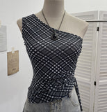 Real-Slender Mesh Slant Shoulder Lattice Sling Sling Waist Strap With Short Shoulderless Sleeveless Top 8075