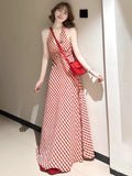 French Red Lattice Hanging Neck Sling Dress Woman 2025 Summer Seaside Holiday Wind To Show Lanky Skirt