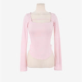 Spring And Summer New Temperament Slim Square Hollow Design Feeling Han Linen Long Sleeves And Bottom Shirt T-Shirt Woman