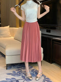 Simple Multi-Color New Folding Skirt Half-Dress Woman High Waist Thin Solid Color Hanging Medium Long Folding Skirt
