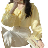 Spring 2025 New Doll Collar Top Fresh Sweet Loose Version Of The Top Design Feel Solid Color Long-Sleeved Shirt Woman
