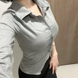 Korean Temperament Gray Shirt Female Button Open Shirt Regular Slimming Casual Top