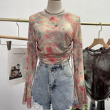 Sunscreen Not Sultry Hot Tie Dye Net Yarn Long-Sleeved T-Shirt Drawstring Tethered With Short-Sized T-Shirt Horn Sleeve Top 8929