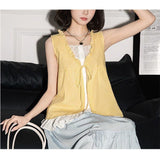 Lace Splicing Fake Two Plaid Sleeveless Vest Shirt Women Summer Lotus Edge Bow Tied With Loose Top