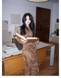 Hong Kong Style Retro Pink Broken Flower Net Yarn Print Dress + Inside The Sling Skirt Women's Spring And Autumn Two Sets