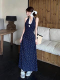 French Blue Broken Flower Hanging Neck Hanging Neck Sling Dress Female Summer 2025 New Thin Temperament Ass Long Skirt