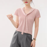 Grey Ribbon Strap Ice Silk Short-Sleeved Knitted Shirt Summer 2025 New Body-Cuff Hollow Shirt Solid Color Top