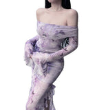 New Chinese-Style Shoulder Mesh Yarn Long-Sleeved Dress Women's Summer Sexy Body-Bown-Bsteel Dress Cheongsam Dress