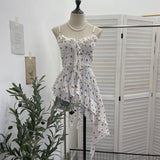 Real Shoot Broken Flower Sling Vest Irregular Lotus Side Ribbon Foldless Short Blouse Female 1223