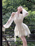 French Temperament Sexy Shoulder Hanging Neck Lotus Side Waist Chiffon Dress Women 2026 Summer New Dress