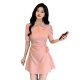 Polo Collar Folding Dress Temperament Waist Thin Dress Design Small Sweet Sleeve Dress