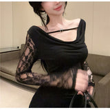 Purely Sexy Lace Splicing Collared Shoulder Dress Girl Babes Design Folds To Pick Up The Waistbs Of The Little Black Dress