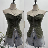 Real Shooting Hottie Retro Tender With Chest Pad Wrapped Bra Zipper Design Smear Bra Vest Short Sleeveless Top 8968