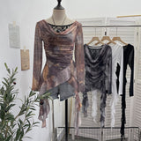 Real Shooting Swing ë·ë· ɴ Mesh Stitching Lace Long Sleeve Bottom Top Irregular Ribbon Design T-Shirt 1322